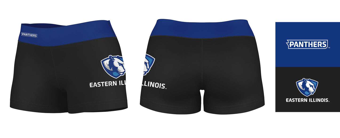 Eastern Illinois Panthers EIU Logo on Thigh & Waistband Black & Blue Women Yoga Booty Workout Shorts 3.75 Inseam - Vive La F̻te - Online Apparel Store