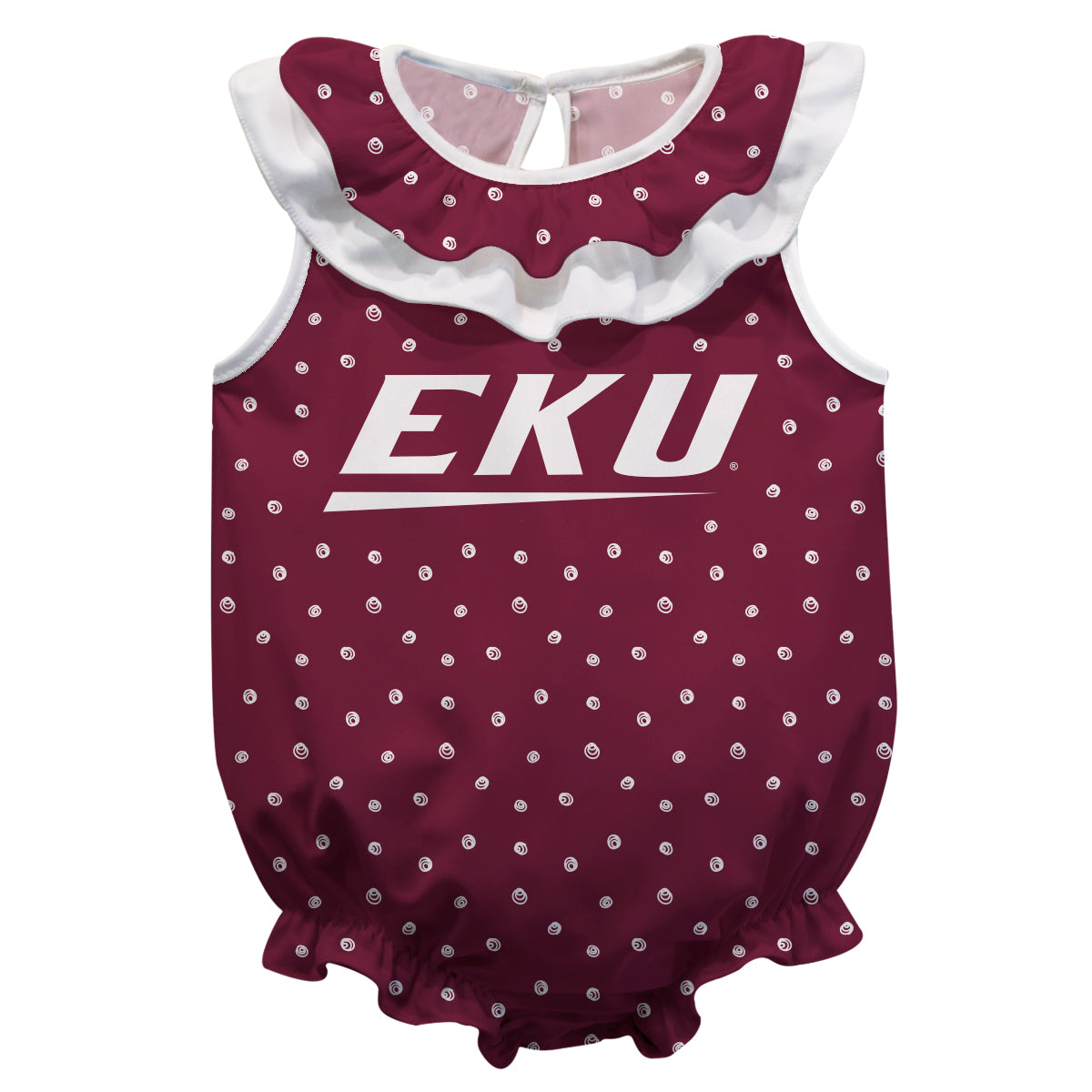 EKU Colonels Swirls Maroon Sleeveless Ruffle One Piece Jumpsuit Logo Bodysuit by Vive La Fete