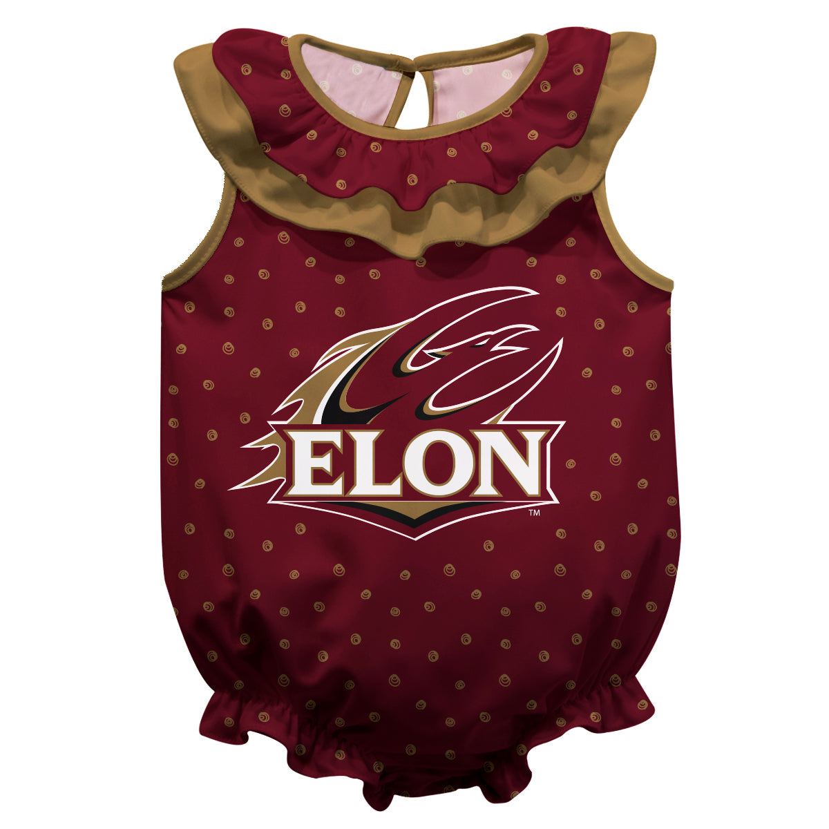 Elon University Phoenix Swirls Maroon Sleeveless Ruffle One Piece Jumpsuit Logo Bodysuit by Vive La Fete