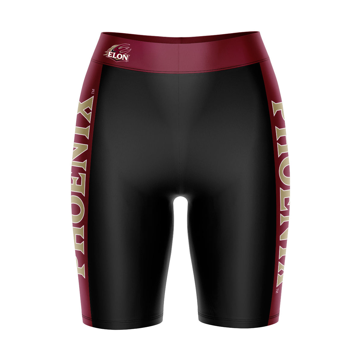 Elon University Phoenix Vive La Fete Game Day Logo on Waistband and Maroon Stripes Black Women Bike Short 9 Inseam"