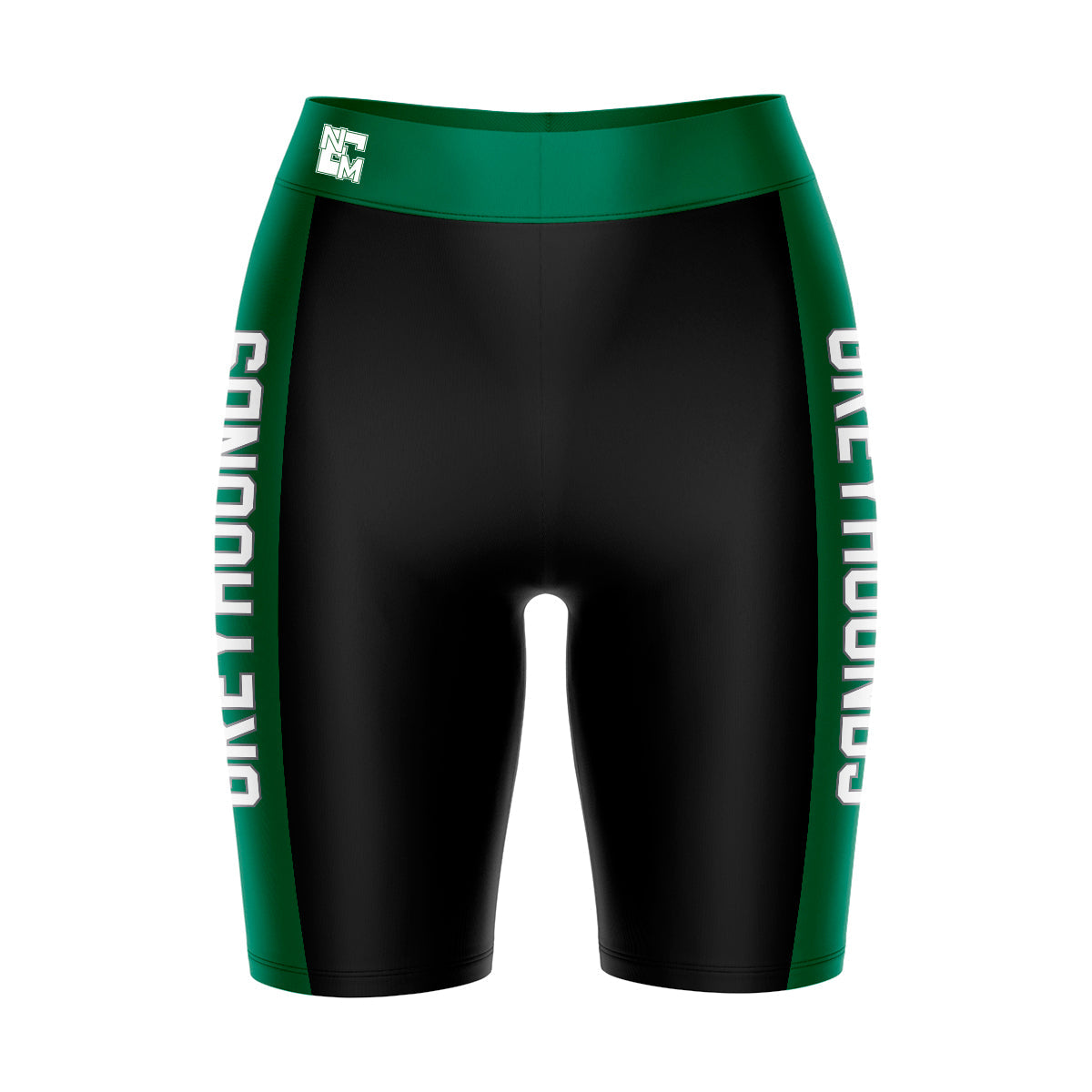 Eastern New Mexico Greyhounds Vive La Fete Game Day Logo on Waistband and Green Stripes Black Women Bike Short 9 Inseam