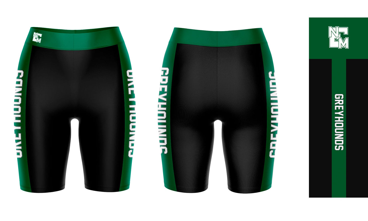 Eastern New Mexico Greyhounds Vive La Fete Game Day Logo on Waistband and Green Stripes Black Women Bike Short 9 Inseam