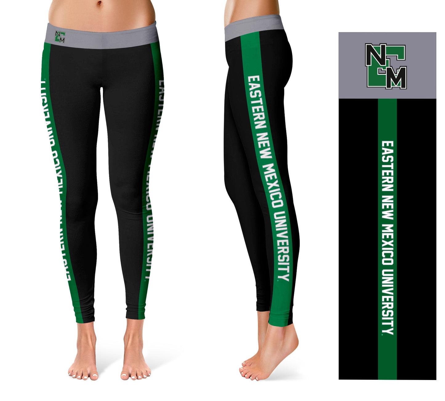 Eastern New Mexico Greyhounds Vive La Fete Game Day Collegiate Green Stripes Women Black Yoga Leggings 2 Waist Tights