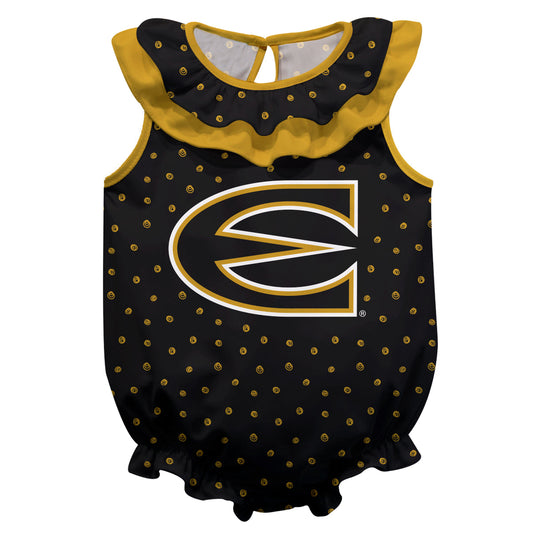 Emporia State Hornets Swirls Black Sleeveless Ruffle One Piece Jumpsuit Logo Bodysuit by Vive La Fete