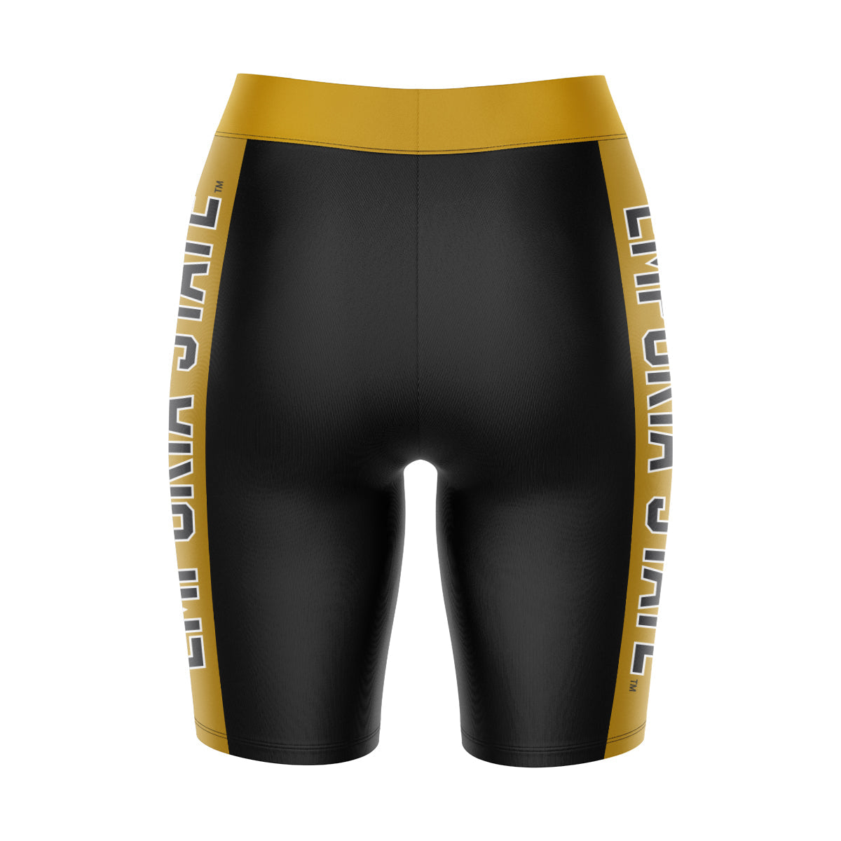Emporia State Hornets Vive La Fete Game Day Logo on Waistband and Gold Stripes Black Women Bike Short 9 Inseam