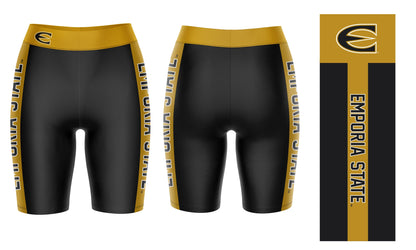 Emporia State Hornets Vive La Fete Game Day Logo on Waistband and Gold Stripes Black Women Bike Short 9 Inseam