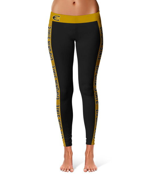 Emporia State University Hornets Vive La Fete Game Day Collegiate Gold Stripes Women Black Yoga Leggings 2 Waist Tights