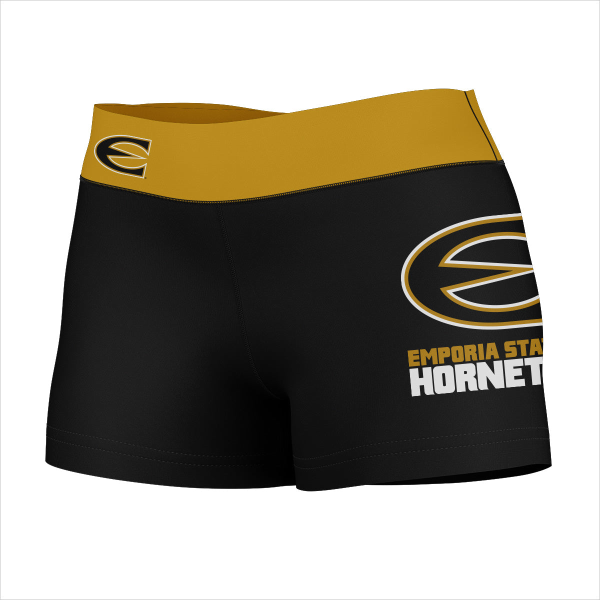 Emporia State Hornets Vive La Fete Logo on Thigh & Waistband Black & Gold Women Yoga Booty Workout Shorts 3.75 Inseam