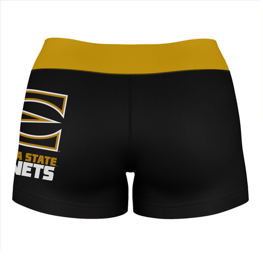 Mouseover Image, Emporia State Hornets Vive La Fete Logo on Thigh & Waistband Black & Gold Women Yoga Booty Workout Shorts 3.75 Inseam