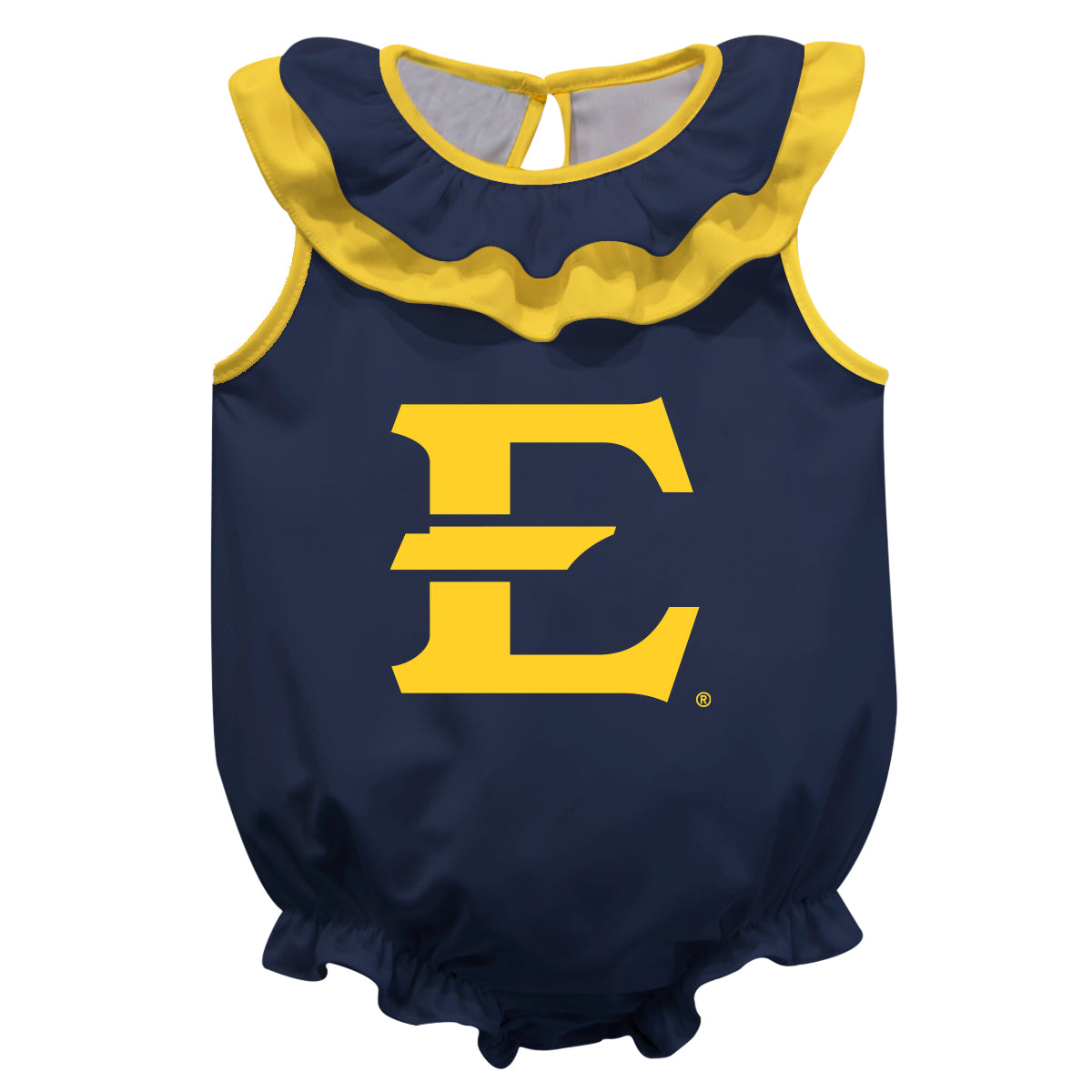 East Tennessee Buccaneers Navy Sleeveless Ruffle One Piece Jumpsuit Logo Bodysuit by Vive La Fete