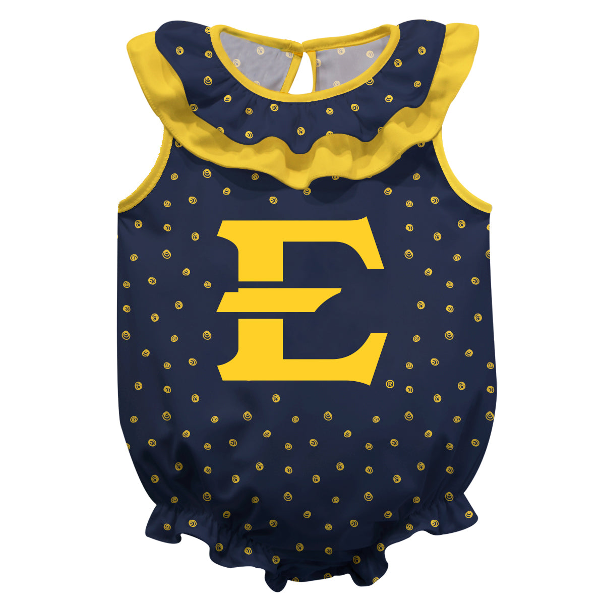 ETSU Buccaneers Swirls Blue Sleeveless Ruffle One Piece Jumpsuit Logo Bodysuit by Vive La Fete