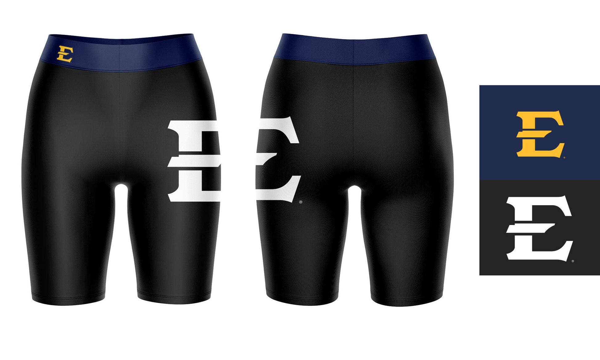ETSU Buccaneers Vive La Fete Game Day Logo on Thigh and Waistband Black and Navy Women Bike Short 9 Inseam"