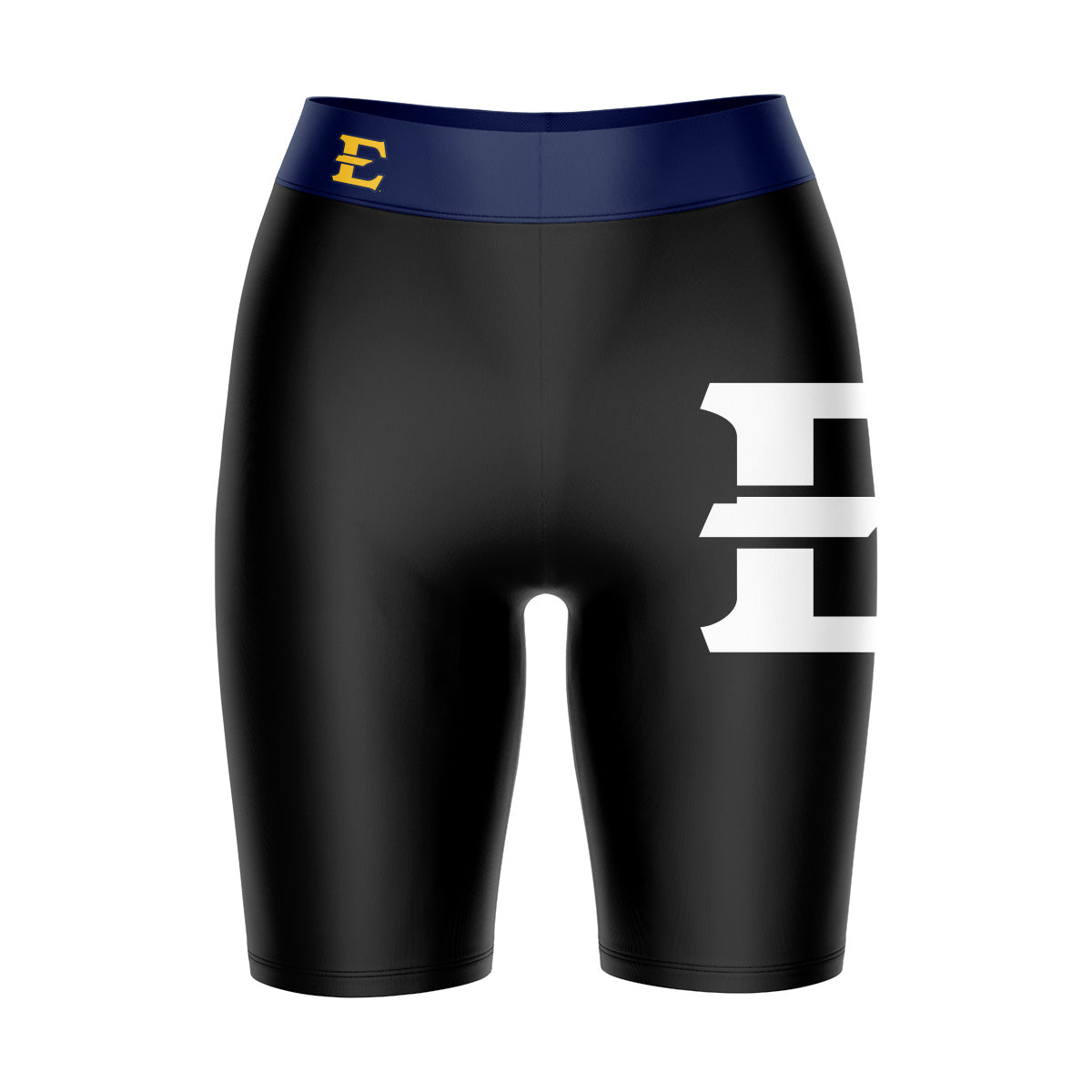 ETSU Buccaneers Vive La Fete Game Day Logo on Thigh and Waistband Black and Navy Women Bike Short 9 Inseam"