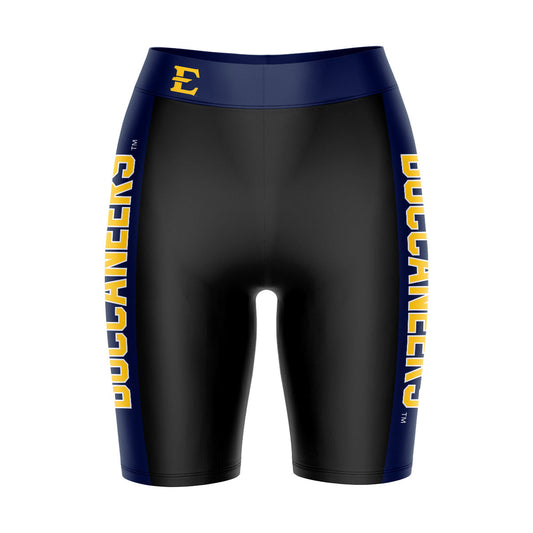 ETSU Buccaneers Vive La Fete Game Day Logo on Waistband and Navy Stripes Black Women Bike Short 9 Inseam