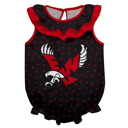 Eastern Washington Eagles Swirls Black Sleeveless Ruffle One Piece Jumpsuit Logo Bodysuit by Vive La Fete