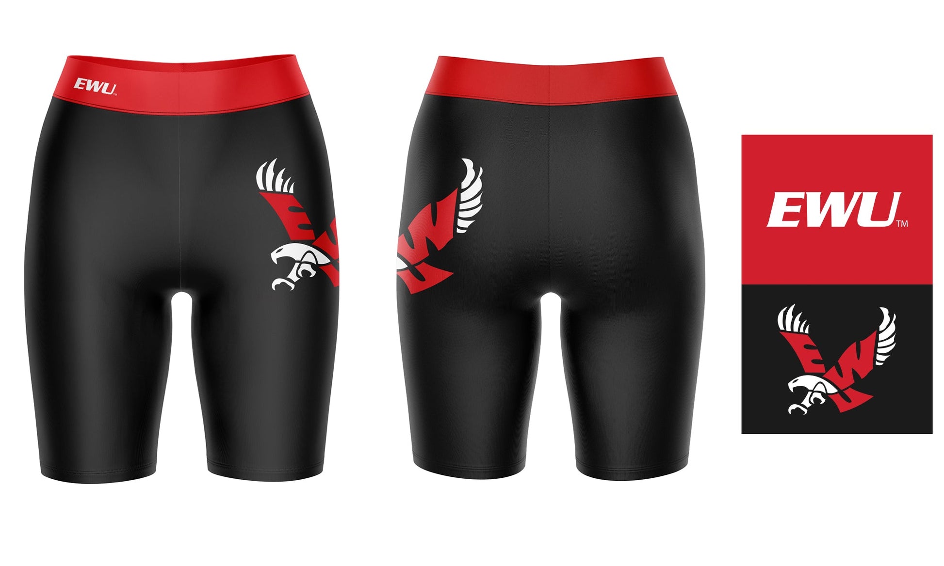 Eastern Washington Eagles EWU Vive La Fete Game Day Logo on Thigh and Waistband Black and Red Women Bike Short 9 Inseam