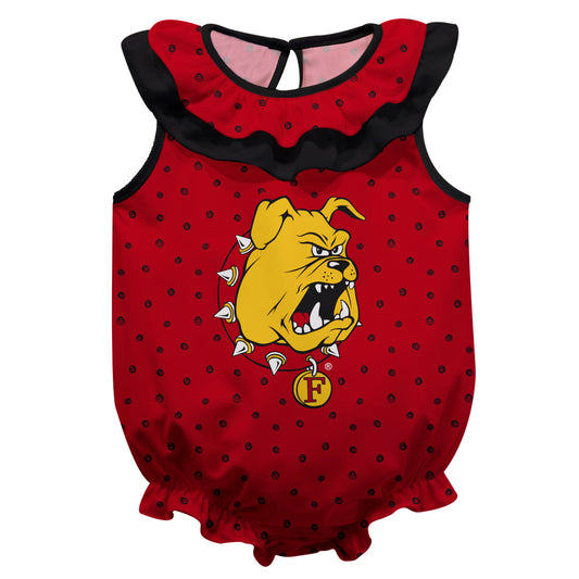 Ferris State Bulldogs Swirls Red Sleeveless Ruffle One Piece Jumpsuit Logo Bodysuit by Vive La Fete