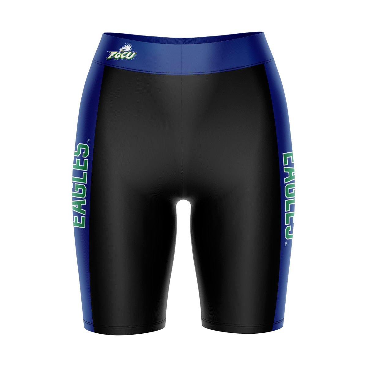 Florida Gulf Coast Eagles Vive La Fete Game Day Logo on Waistband and Blue Stripes Black Women Bike Short 9 Inseam