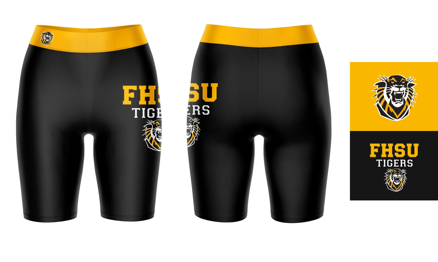 FHSU Tigers Vive La Fete Game Day Logo on Thigh and Waistband Black and Blue Women Bike Short 9 Inseam"