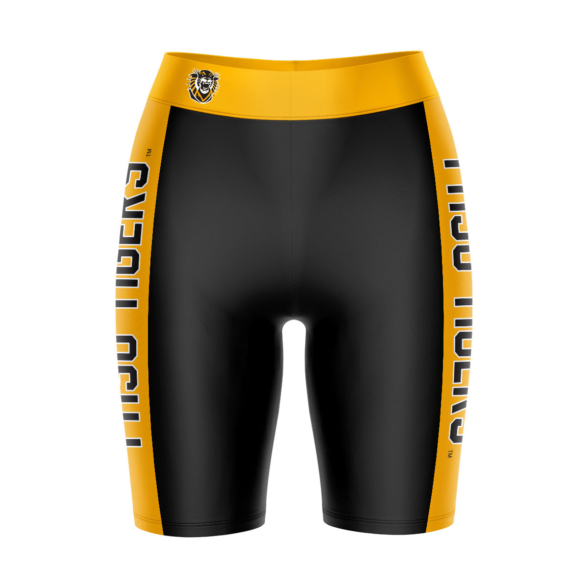 FHSU Tigers Vive La Fete Game Day Logo on Waistband and Gold Stripes Black Women Bike Short 9 Inseam"