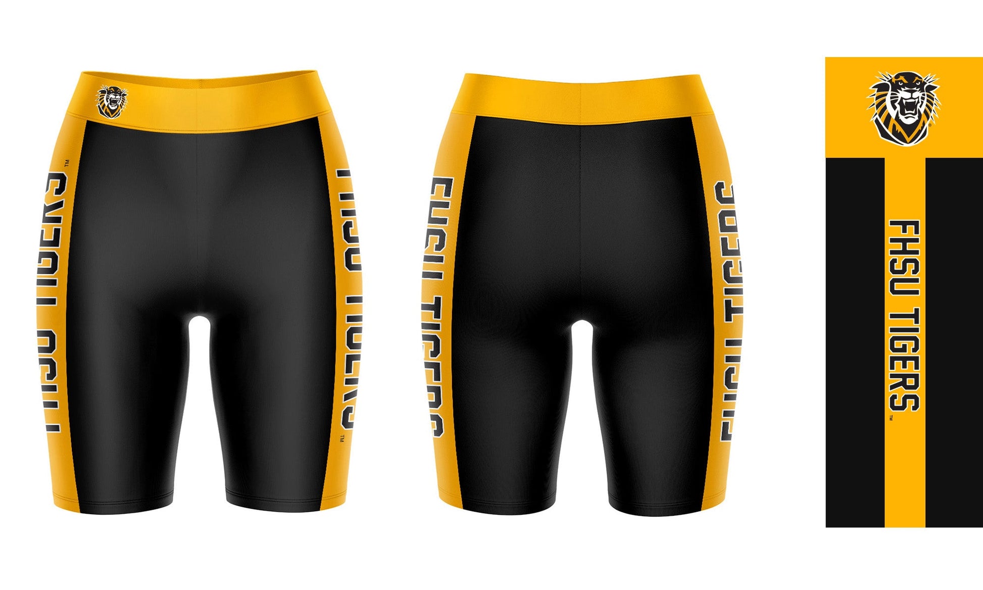 FHSU Tigers Vive La Fete Game Day Logo on Waistband and Gold Stripes Black Women Bike Short 9 Inseam"