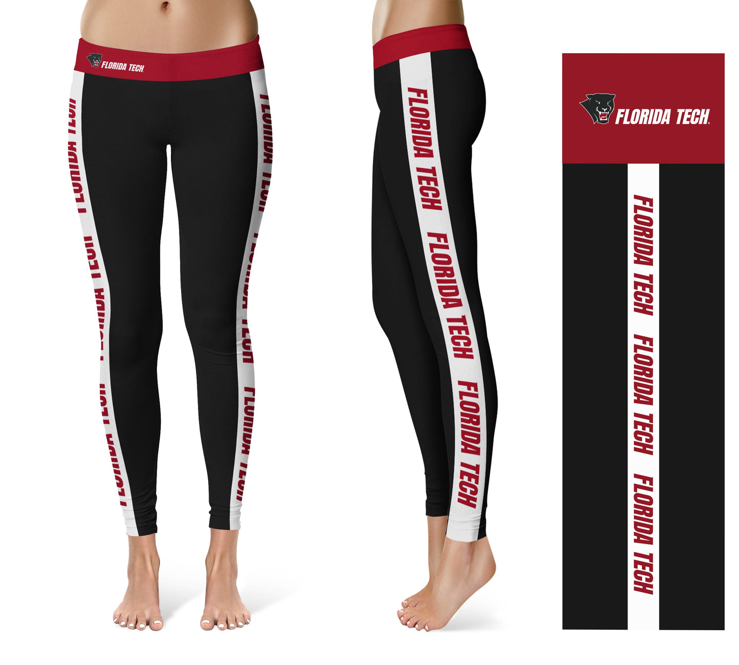 Florida Tech Panthers Vive La Fete Game Day Collegiate White Stripes Women Black Yoga Leggings 2 Waist Tights