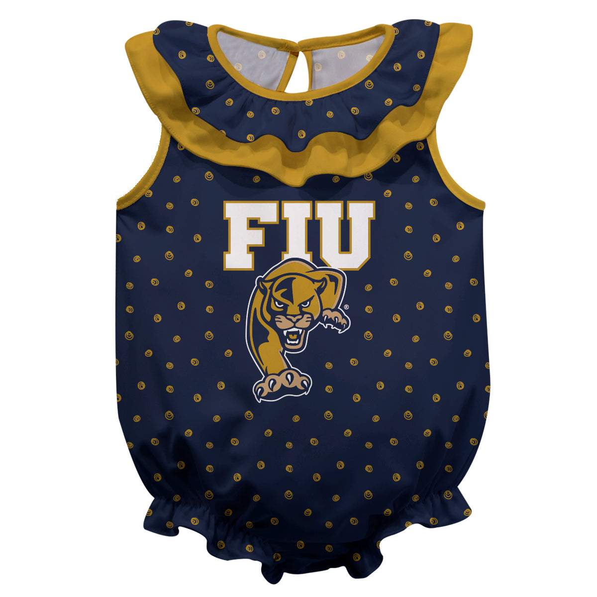 FIU Panthers Swirls Navy Sleeveless Ruffle One Piece Jumpsuit Logo Bodysuit by Vive La Fete