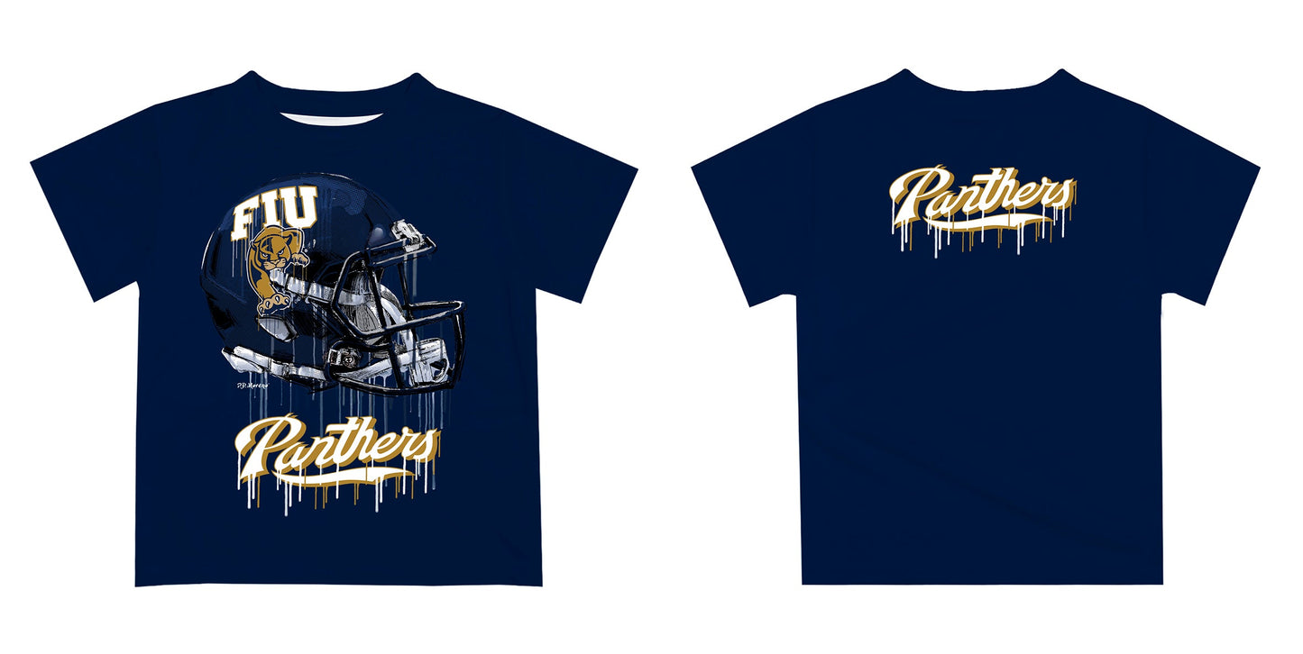 Florida International Panthers Original Dripping Football Helmet Navy T-Shirt by Vive La Fete