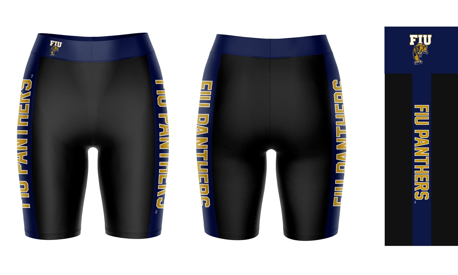 FIU Panthers Vive La Fete Game Day Logo on Waistband and Navy Stripes Black Women Bike Short 9 Inseam