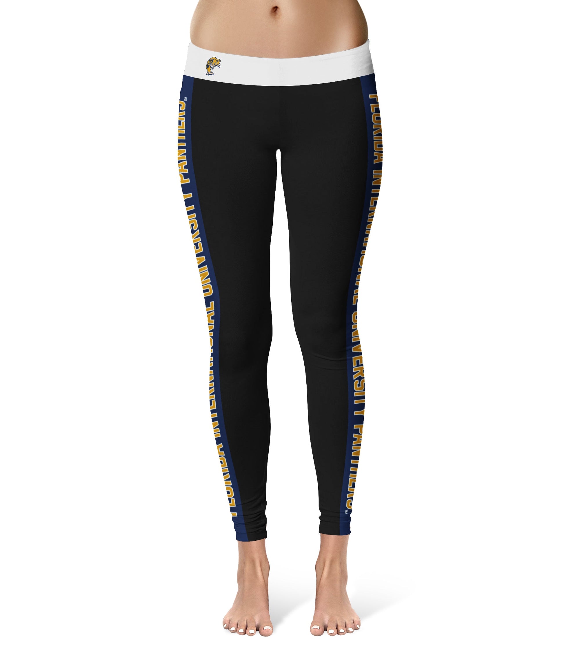 FIU Panthers Vive La Fete Game Day Collegiate Blue Stripes Women Black Yoga Leggings 2 Waist Tights