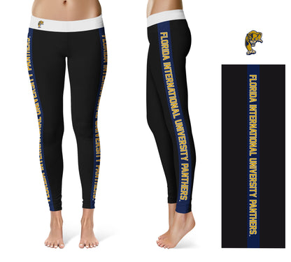 FIU Panthers Vive La Fete Game Day Collegiate Blue Stripes Women Black Yoga Leggings 2 Waist Tights