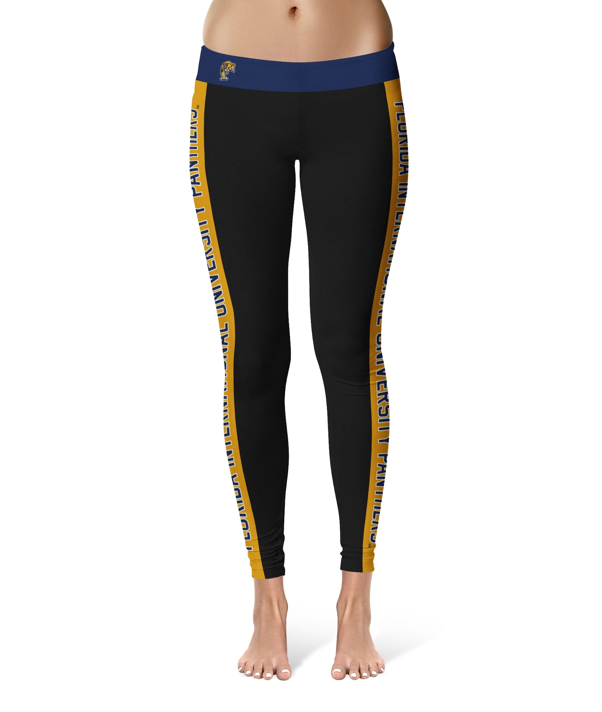 FIU Panthers Vive La Fete Game Day Collegiate Gold Stripes Women Black Yoga Leggings 2 Waist Tights