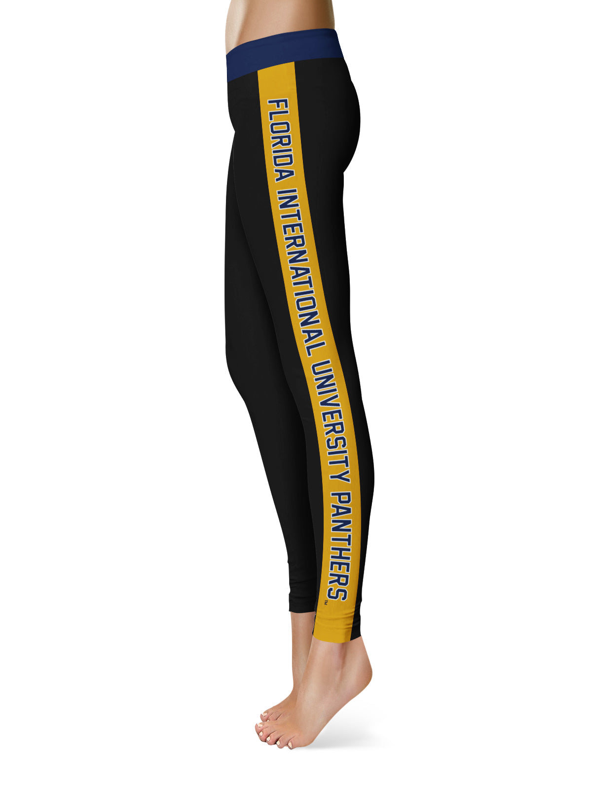 FIU Panthers Vive La Fete Game Day Collegiate Gold Stripes Women Black Yoga Leggings 2 Waist Tights