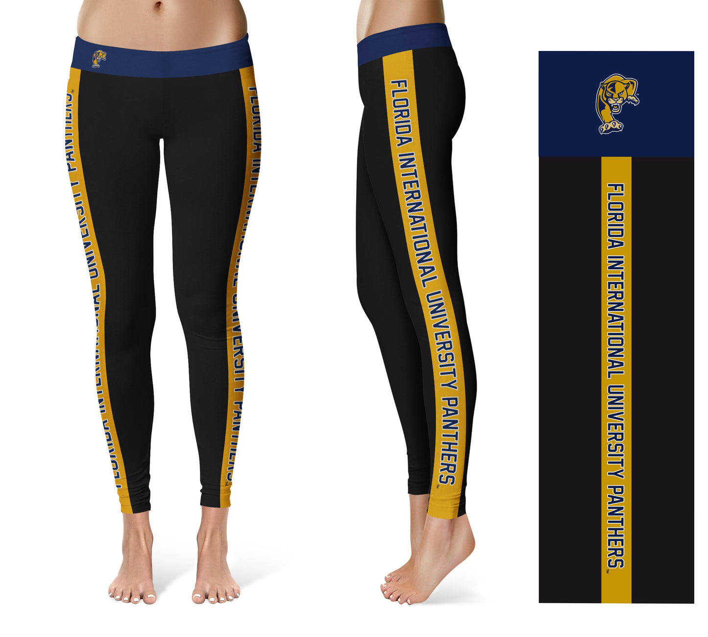 FIU Panthers Vive La Fete Game Day Collegiate Gold Stripes Women Black Yoga Leggings 2 Waist Tights