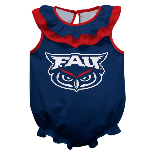 Florida Atlantic Owls Blue Sleeveless Ruffle One Piece Jumpsuit Logo Bodysuit by Vive La Fete