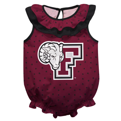 Fordham Rams Swirls Maroon Sleeveless Ruffle One Piece Jumpsuit Logo Bodysuit by Vive La Fete