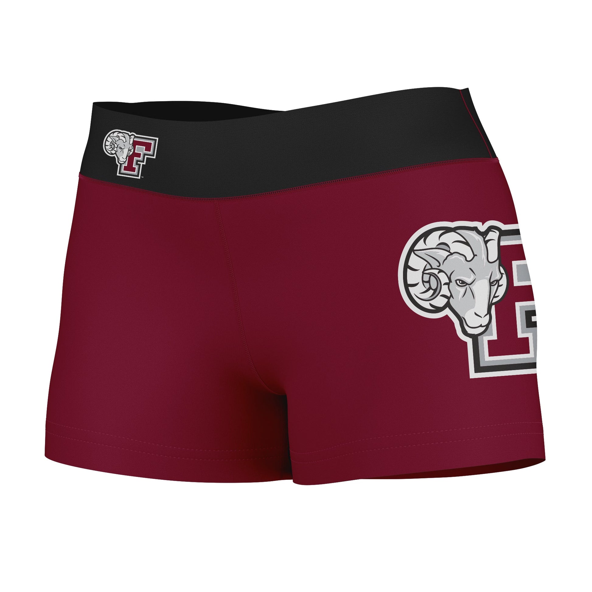 Fordham Rams Vive La Fete Game Day Logo on Thigh & Waistband Black & Maroon Women Yoga Booty Workout Shorts 3.75 Inseam"