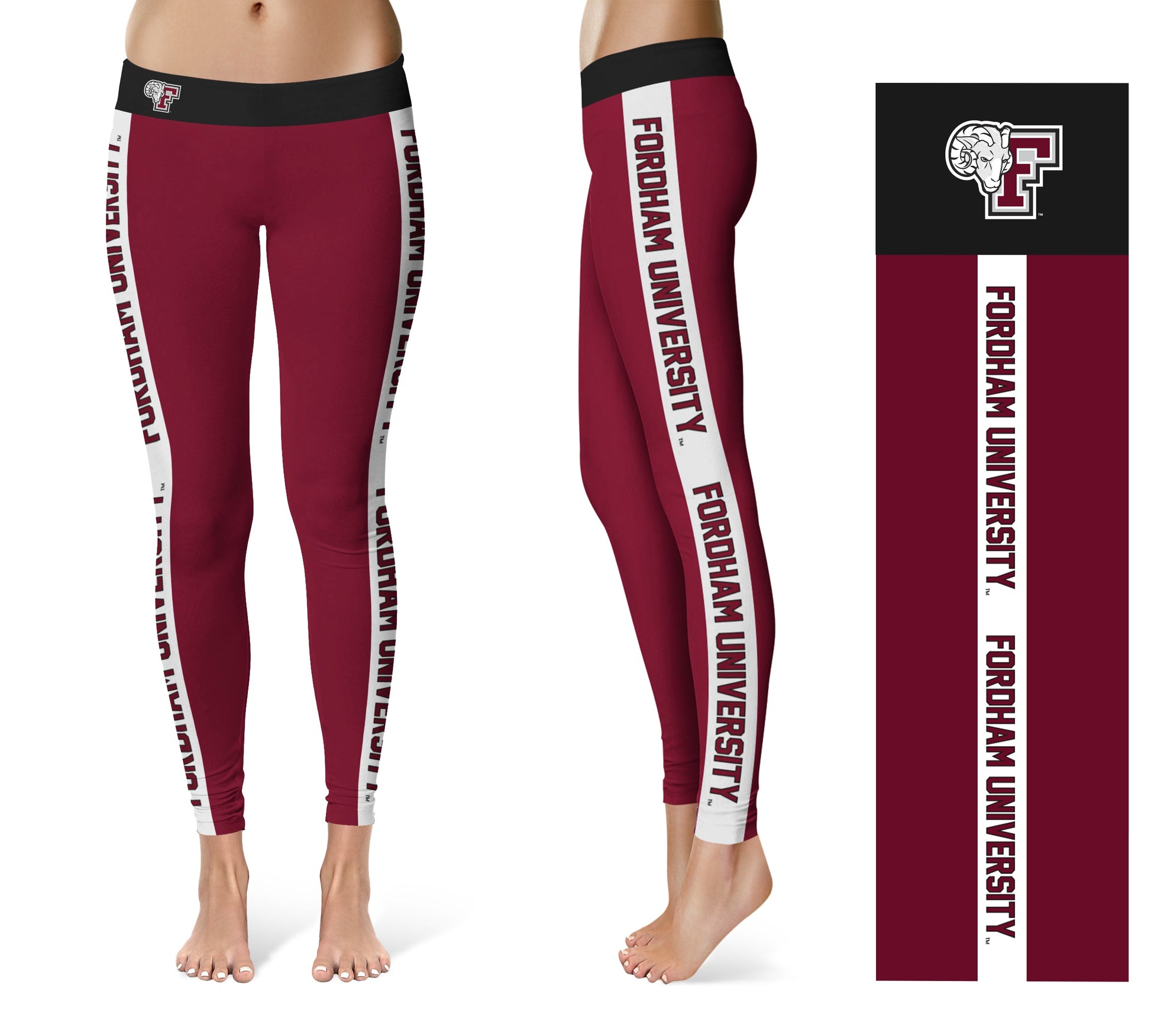 Fordham Rams Vive La Fete Game Day Collegiate White Stripes Women Maroon Yoga Leggings 2 Waist Tights