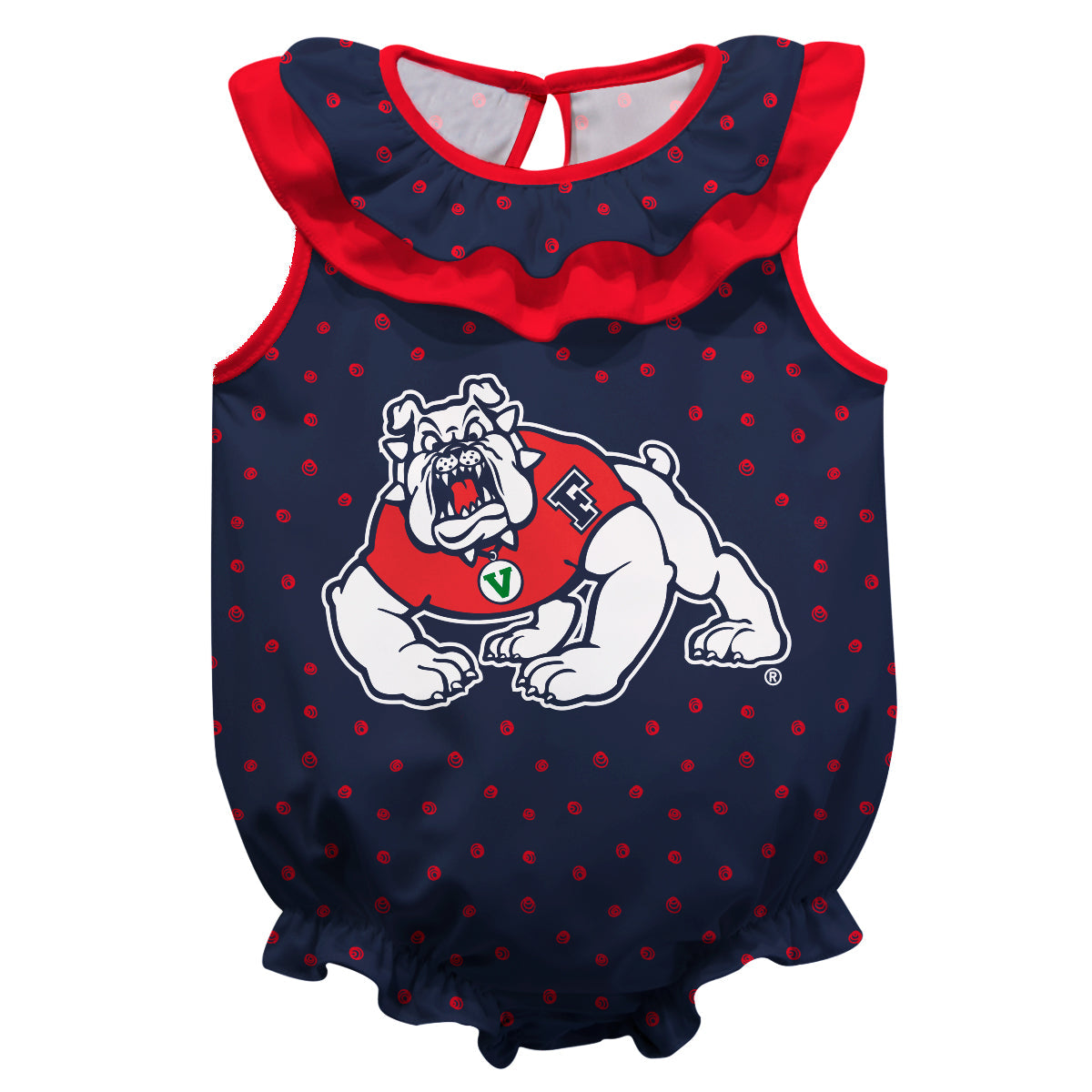 Fresno State Bulldogs Swirls Blue Sleeveless Ruffle One Piece Jumpsuit Logo Bodysuit by Vive La Fete