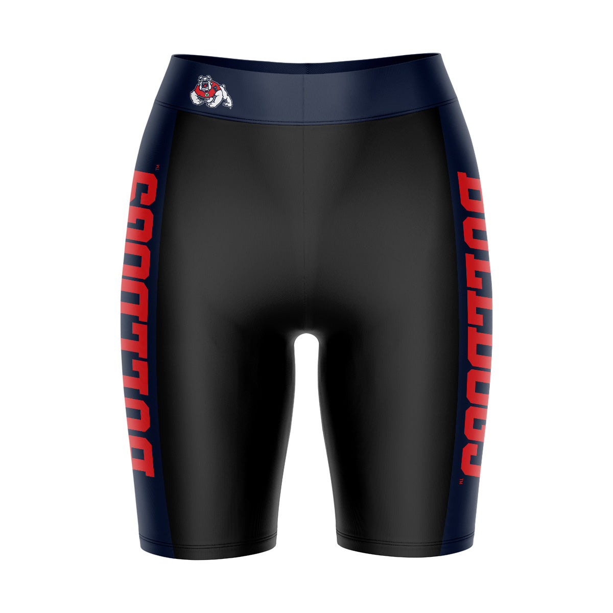 Fresno State Bulldogs Vive La Fete Game Day Logo on Waistband and Navy Stripes Black Women Bike Short 9 Inseam