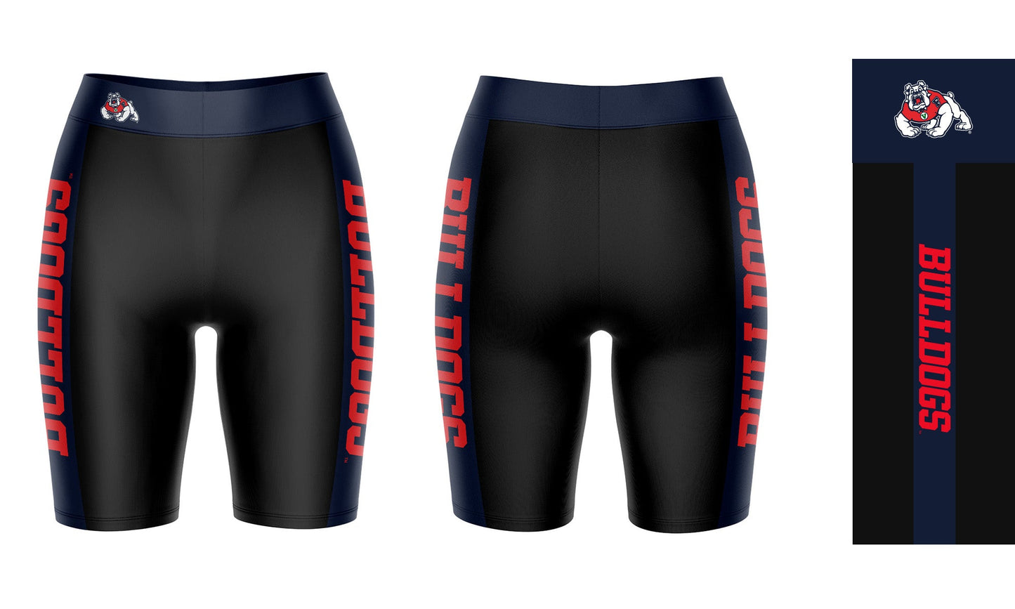 Fresno State Bulldogs Vive La Fete Game Day Logo on Waistband and Navy Stripes Black Women Bike Short 9 Inseam