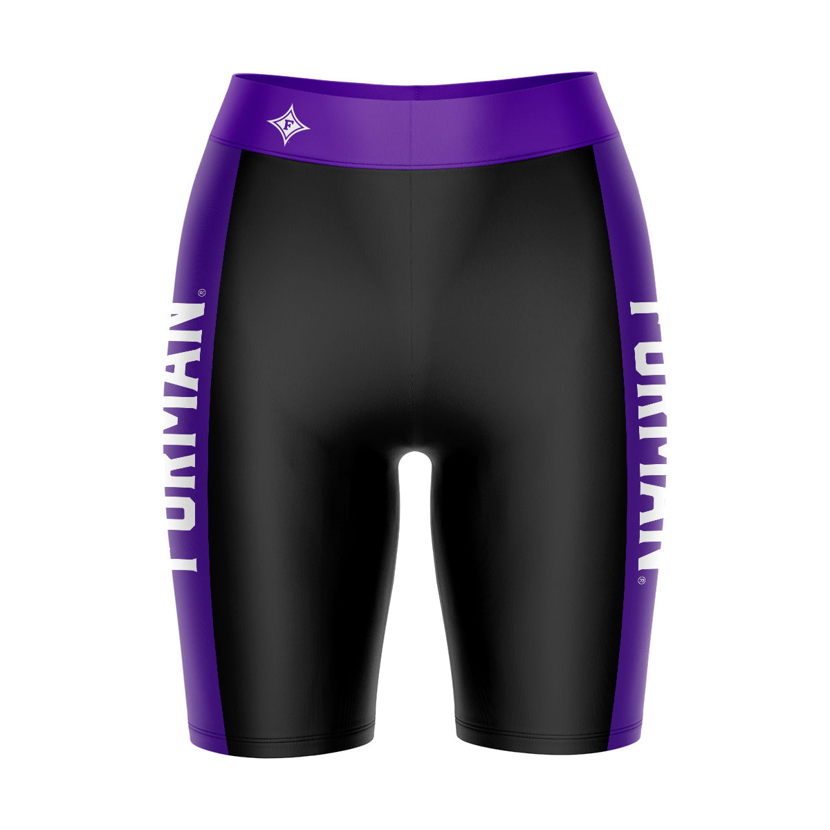 Furman Paladins Vive La Fete Logo on Waistband and Purple Stripes Black Women Bike Short 9 Inseam