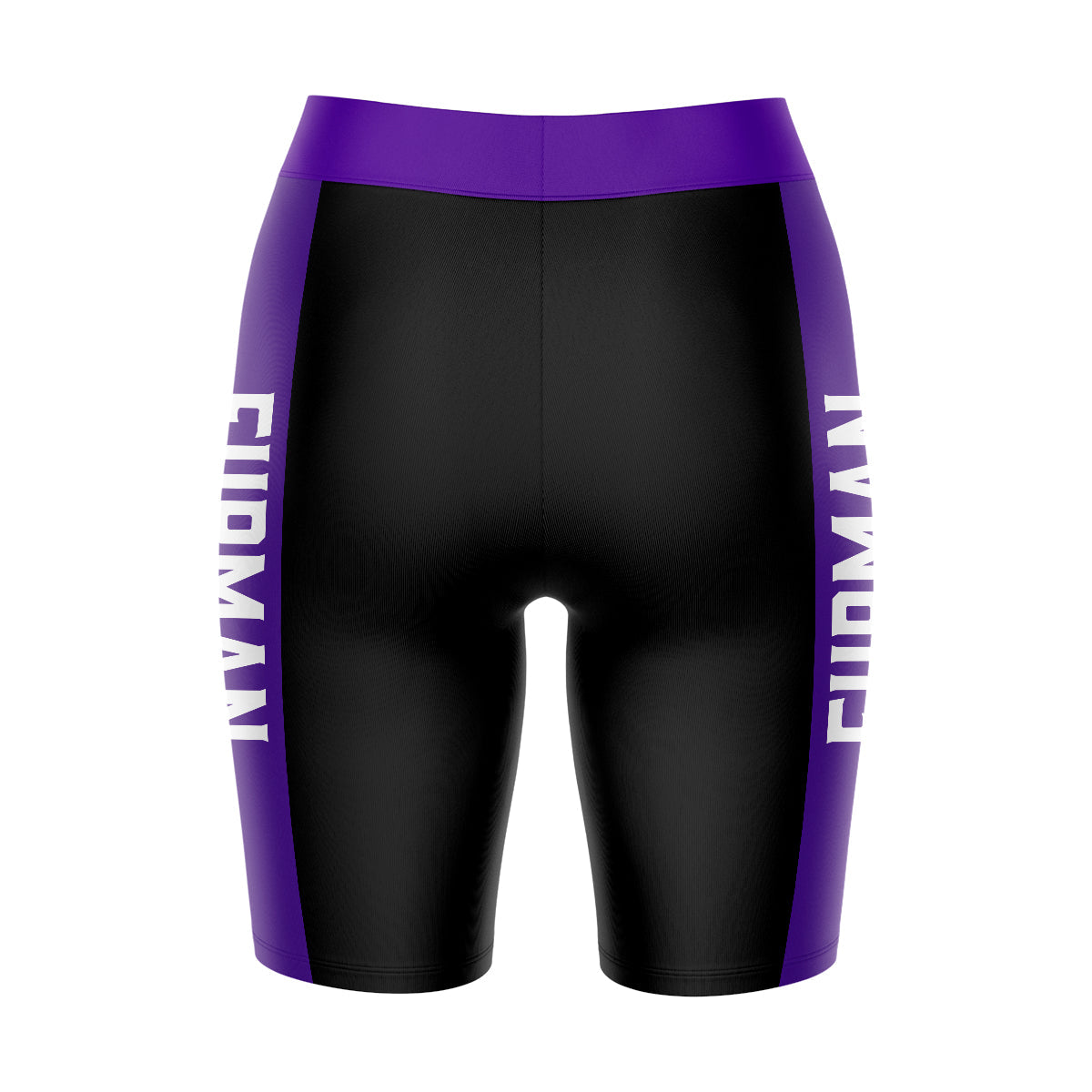 Furman Paladins Vive La Fete Logo on Waistband and Purple Stripes Black Women Bike Short 9 Inseam