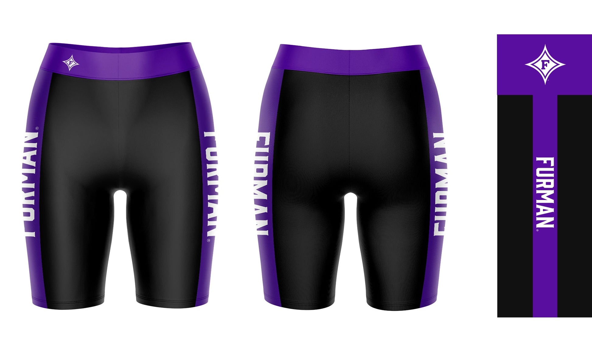 Furman Paladins Vive La Fete Logo on Waistband and Purple Stripes Black Women Bike Short 9 Inseam