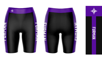 Furman Paladins Vive La Fete Logo on Waistband and Purple Stripes Black Women Bike Short 9 Inseam