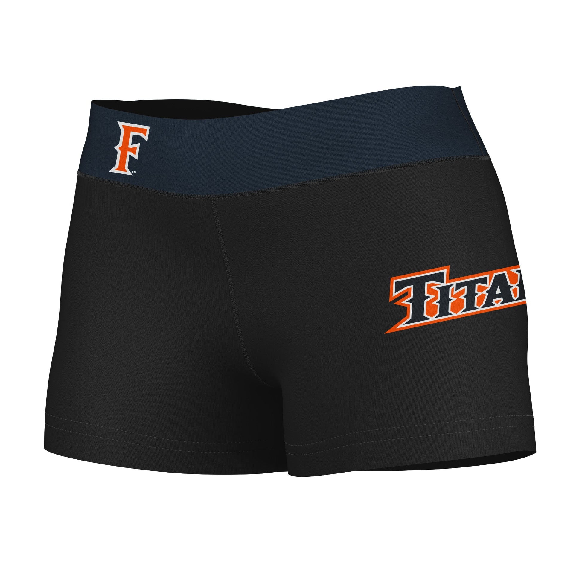 Cal State Fullerton Titans CSUF Logo on Thigh & Waistband Black & Navy Women Yoga Booty Workout Shorts 3.75 Inseam"