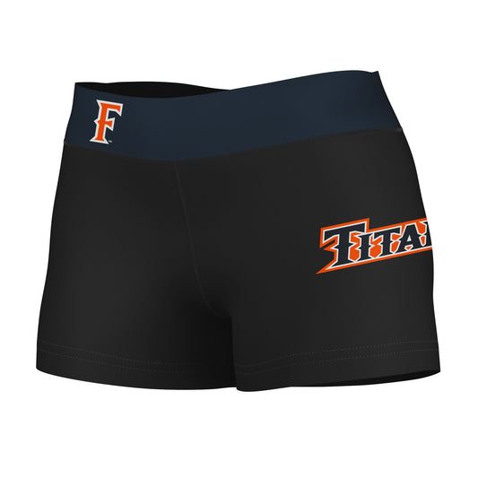 Cal State Fullerton Titans CSUF Logo on Thigh & Waistband Black & Navy Women Yoga Booty Workout Shorts 3.75 Inseam"