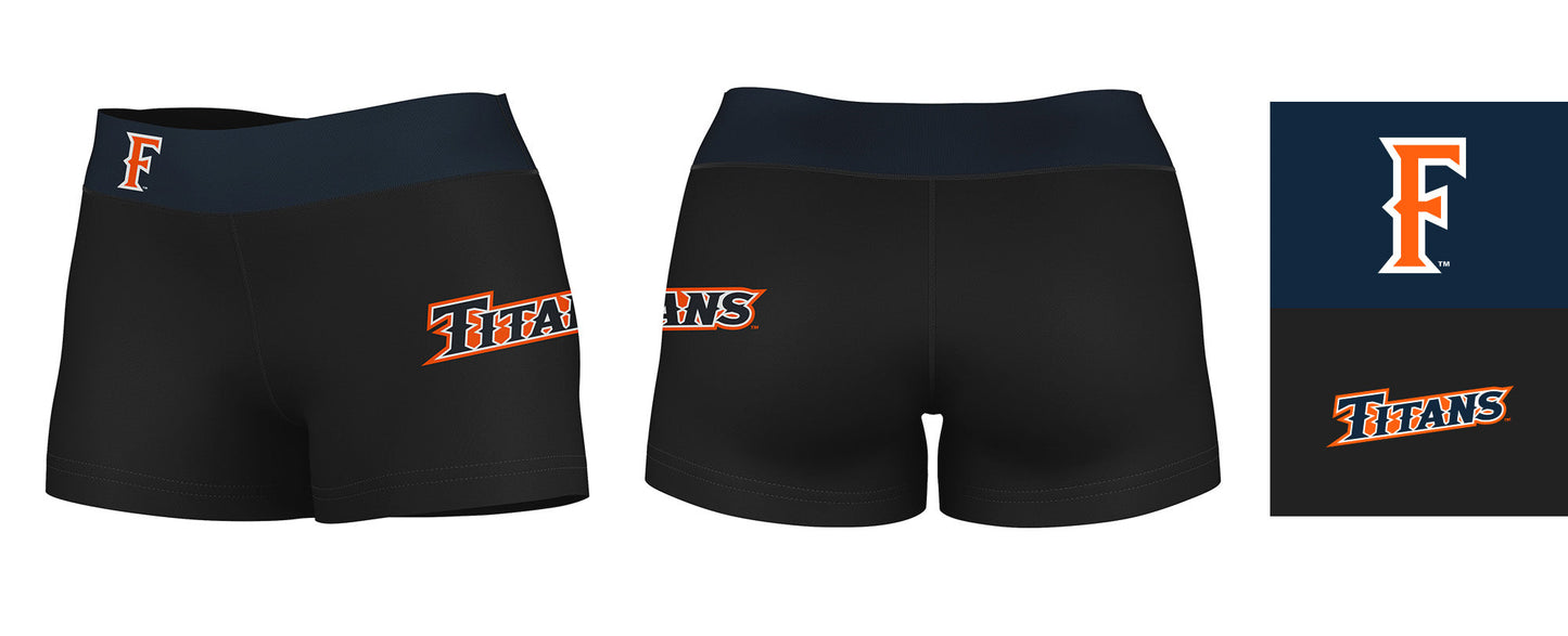 Cal State Fullerton Titans CSUF Logo on Thigh & Waistband Black & Navy Women Yoga Booty Workout Shorts 3.75 Inseam" - Vive La F̻te - Online Apparel Store