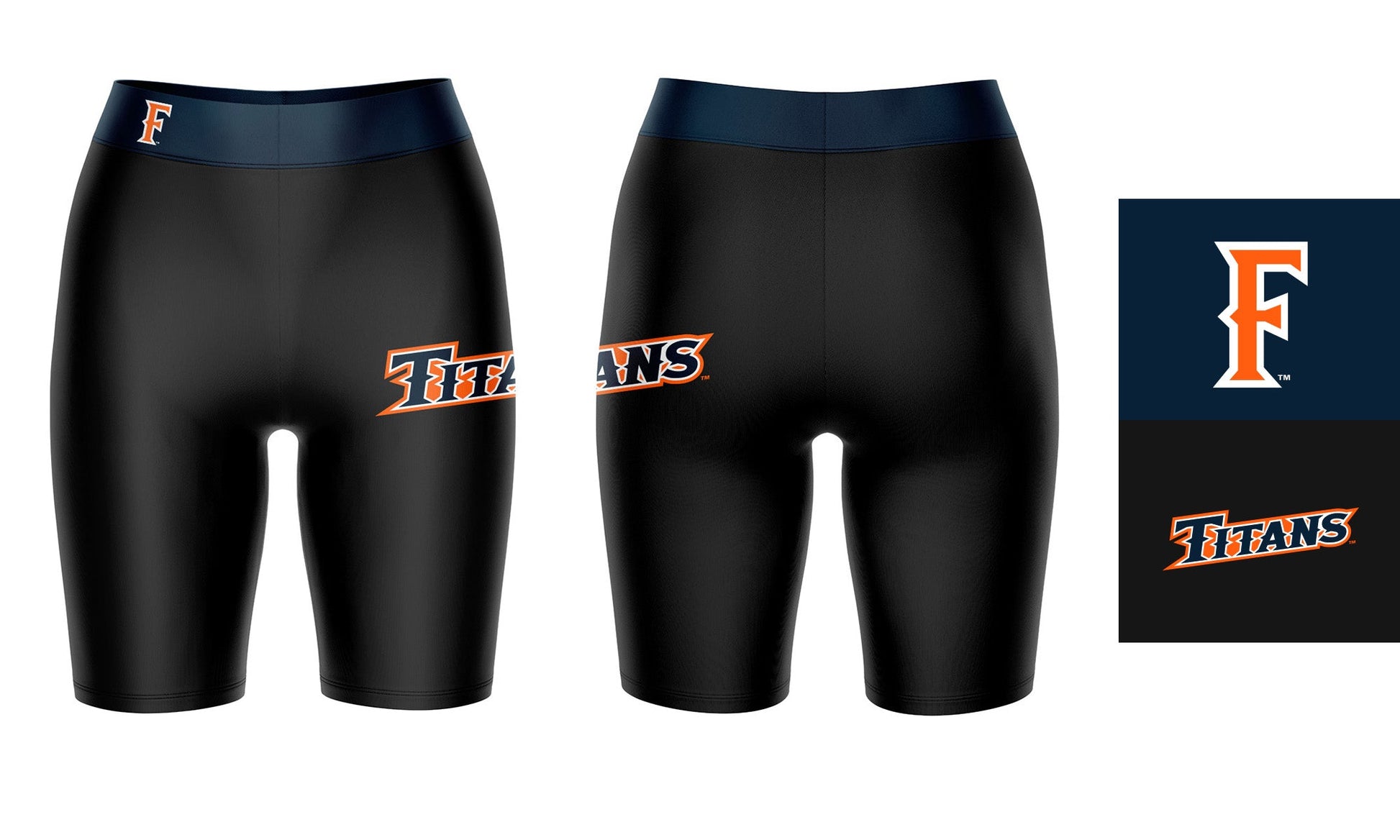 Cal State Fullerton Titans CSUF Vive La Fete Logo on Thigh & Waistband Black & Navy Women Bike Short 9 Inseam"