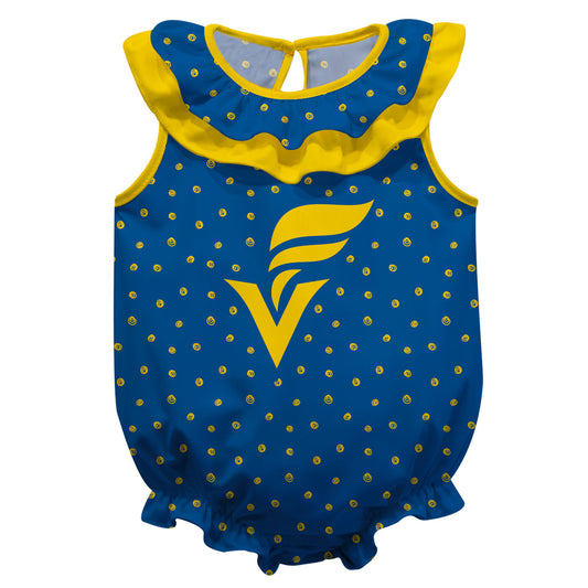 Fort Valley State Wildcats Swirls Blue Sleeveless Ruffle One Piece Jumpsuit Logo Bodysuit by Vive La Fete